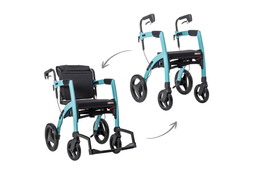 Rollatorn Rollz Motion i blå färg visas i kombination som både rollator och som rullstol.